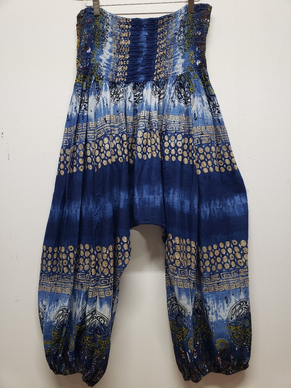 Boho Tie-Dye Harem Pants Blue Cream Mandala Print Smocked Waist Festival Hippie - Picture 11 of 12